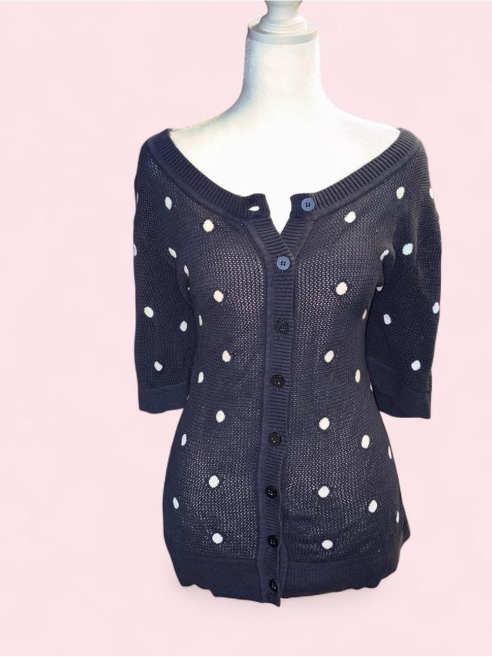 Polka Dot Knit Button-Front Sweater - Navy and White